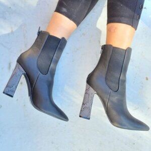 Ankle Zip Boots Pointed Toe Chunky Printed Block‎ Heels